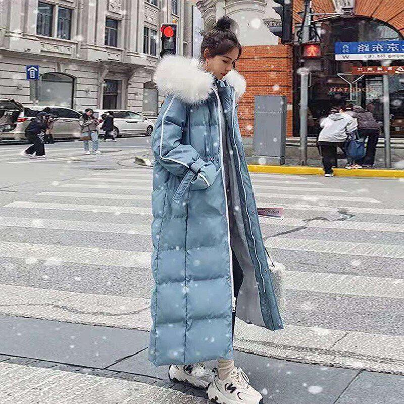蓝色羽绒棉服女加厚长款过膝到z脚踝宽松大码棉衣大毛领保暖面包