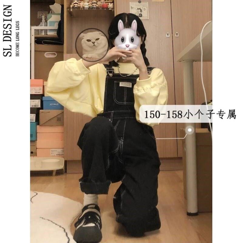 新款春秋牛仔背带裤女150小z个子韩版宽松黑色奶系减龄阔腿长裤