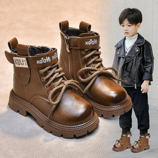 男童帅气马丁靴加绒2024新款男孩儿童靴子英伦风秋冬鞋子皮鞋短靴