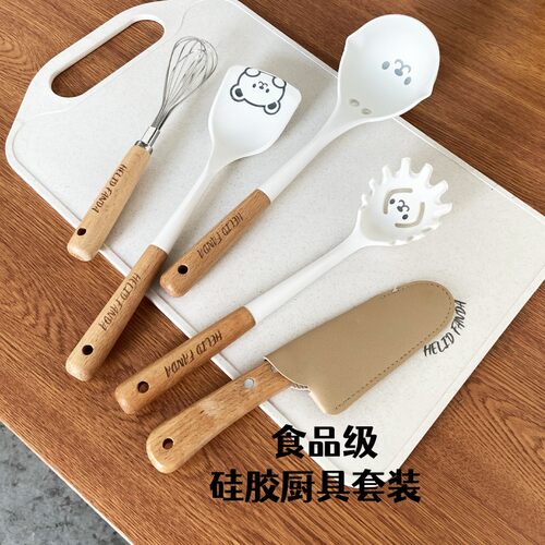 硅胶木柄锅铲汤勺家用炒s菜铲耐高温汤漏勺不粘锅专用硅胶厨具套