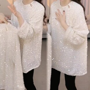 欧货亮片镂空t恤k女2024春季新款圆领高级感宽松显瘦长袖打底大衫