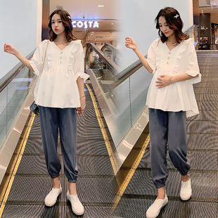 孕妇装夏套装夏季潮妈外出时尚款C网红孕妈潮装洋派孕妇夏装两件