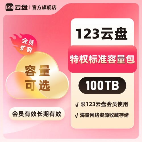 【特权标准容量包100TB长期有效】限123云盘会员网盘扩容网络存储