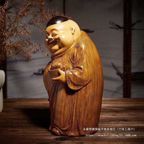 高端中式地主摆件客厅财神爷雕塑仿木雕茶几博古架装饰品桌面摆设
