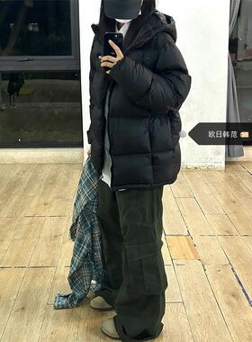 大码黑色羽绒棉服女2024新款宽松连帽加厚短款面包服秋冬季棉外套