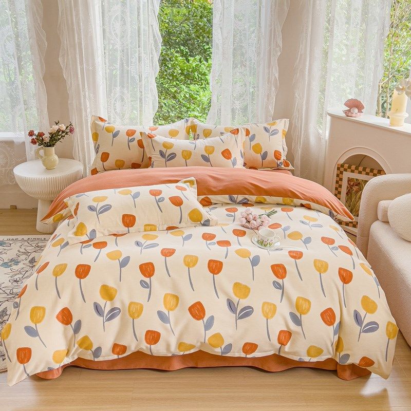 2025新款小清新印花纯棉全棉磨毛四件套床单床笠款卡通可爱被罩套