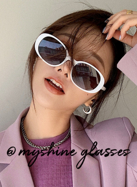 复古港风白色太阳眼镜女椭圆复古潮街拍墨镜夏季遮阳度假沙滩眼镜