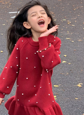新年装针织裙秋冬2023新款女童重工钉珠红色连衣裙儿童毛衣鱼尾裙