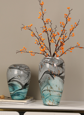 彩色墨兰琉璃花瓶摆件现代轻奢样板间玻璃装饰品餐桌插花摆设复古