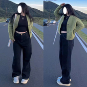 胖妹妹黑色直筒加绒牛仔裤 女胖mm秋冬季 显瘦高腰裤 大尺码 阔腿裤 子