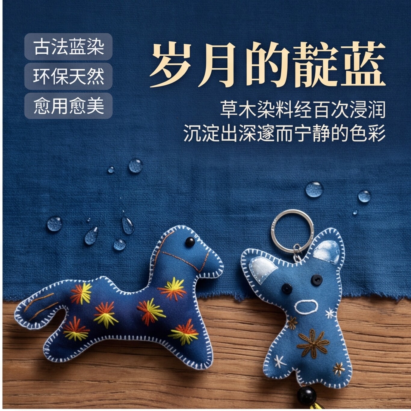 布依族蓝染布料艾草香味纯手工狐狸和小马钥匙扣挂件