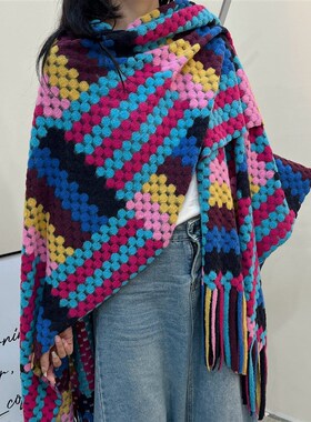 2024春秋开衫大斗篷网红高端流苏格子外K搭披肩旅游气质洋气中长