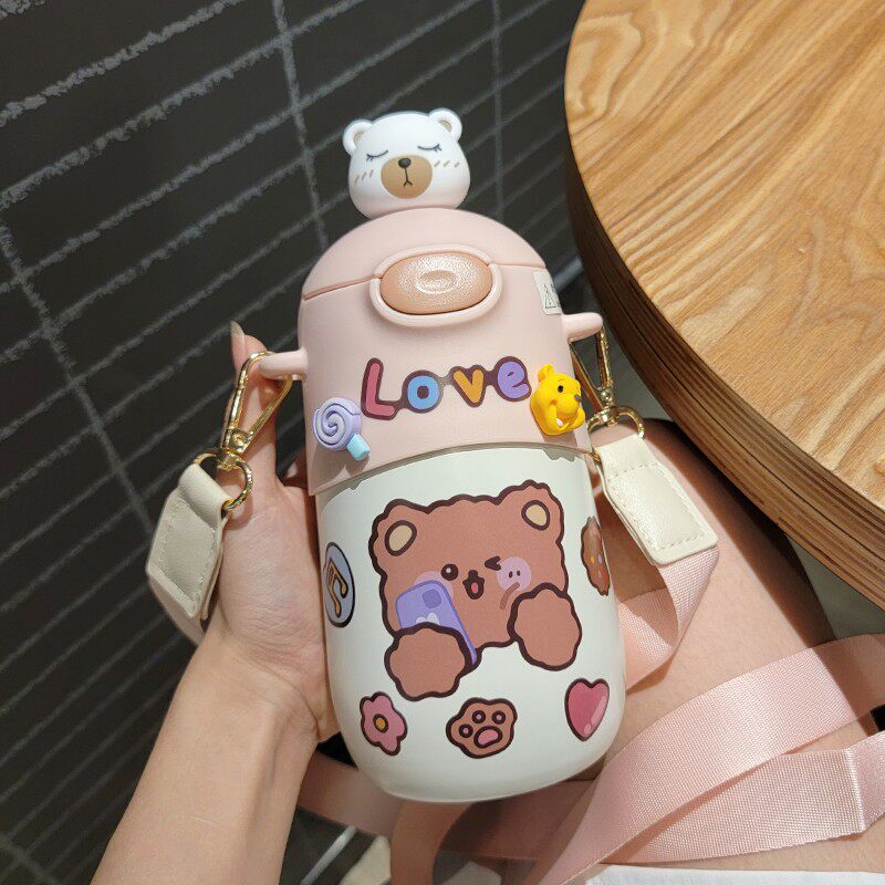 保温杯带吸管高颜k值可爱学生可斜跨背带水杯女便携网红水壶少女