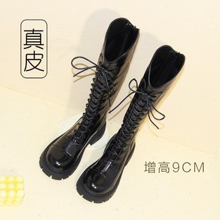 黑色高跟长靴内增高绑带靴子v不过膝9厘米厚底长筒靴v口高筒靴夏