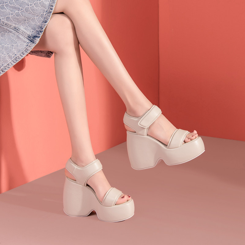 12cm魔术贴凉鞋女款2025新款外穿夏季超高跟松糕底镂空一字带女鞋