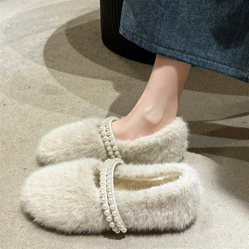 法式珍珠平底毛毛鞋女鞋子外穿2025秋冬新款加绒棉鞋仙女风豆豆鞋,女鞋,乐福鞋（豆豆鞋）,淘宝优惠券,粉丝福利购,淘宝优惠卷