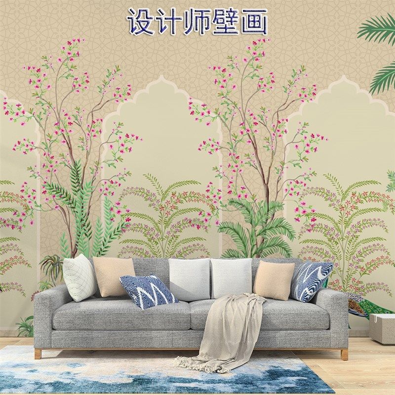 美式简约热带植物花鸟墙布客厅沙发背景墙纸壁布卧室玄关定制壁画