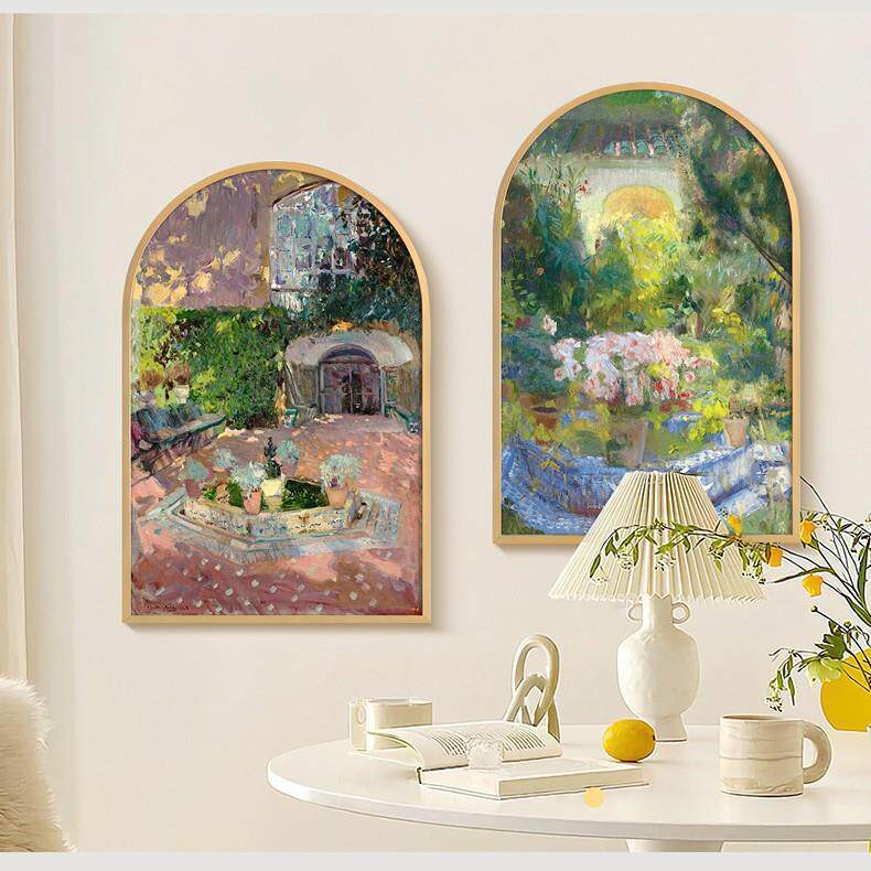 现代法式客厅装饰画美式复古壁画玄关拱形金属挂画北欧餐厅风景油