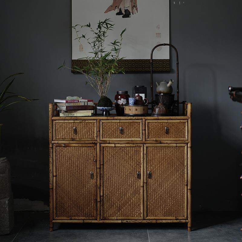 老料梅鹿竹茶柜 古典茶具收纳展示带柜门 落地柜 边柜 明式三联柜