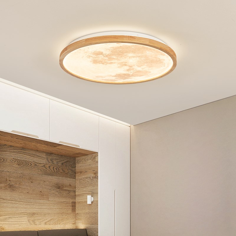 卧室灯现代简约北欧原木风实木房间书房木艺月球灯主卧阳台吸顶灯