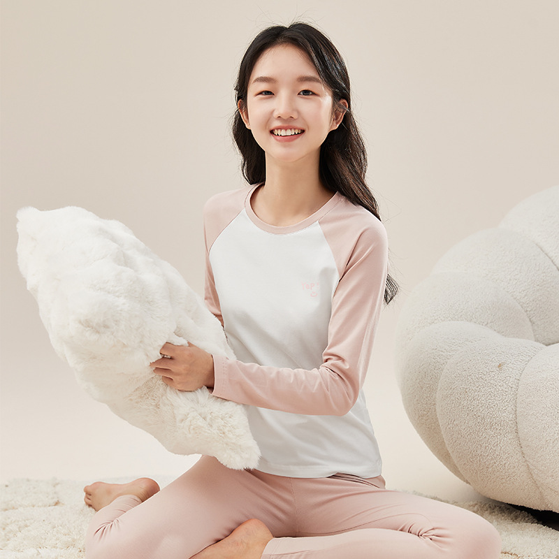 新款 女生纯棉保暖套装薄款修身春秋打底棉毛衫青少年学生拼色秋