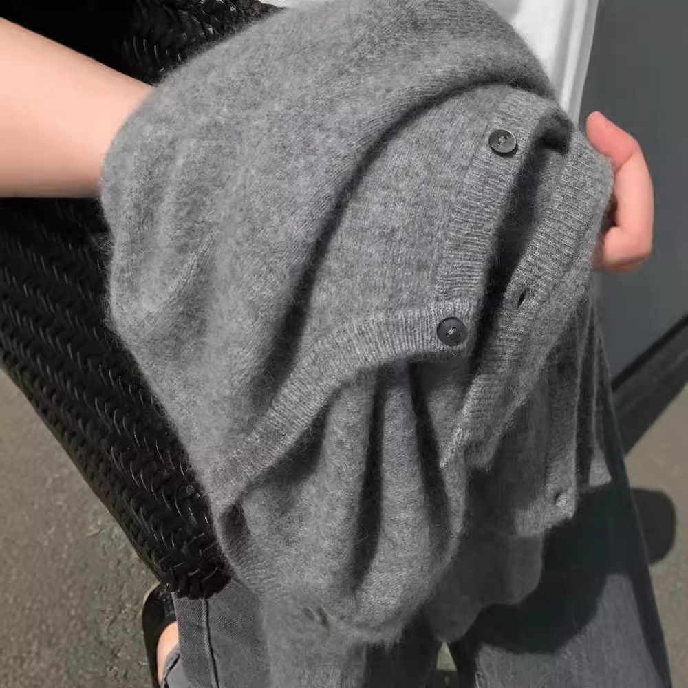 新款羊毛开衫女法式圆领针织毛