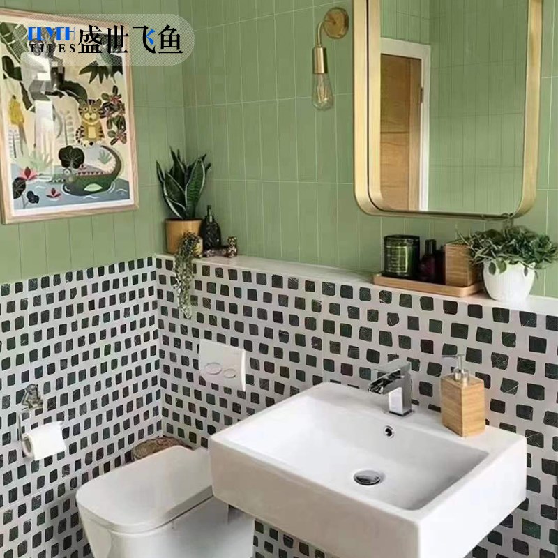 素色微水泥卫生间厕所瓷砖墨绿色水磨石地砖米格花纹花砖浴室墙砖