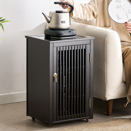 茶水柜单壶e烧水下置桶装水茶吧推拉茶几实木可移动茶几中古风边