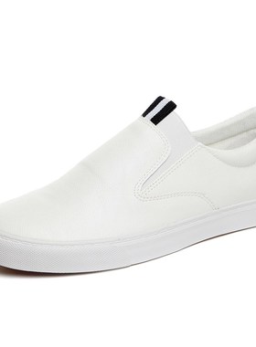 男士小白鞋韩版低帮英伦休闲鞋防水皮面秋季白色男鞋一脚蹬懒人鞋