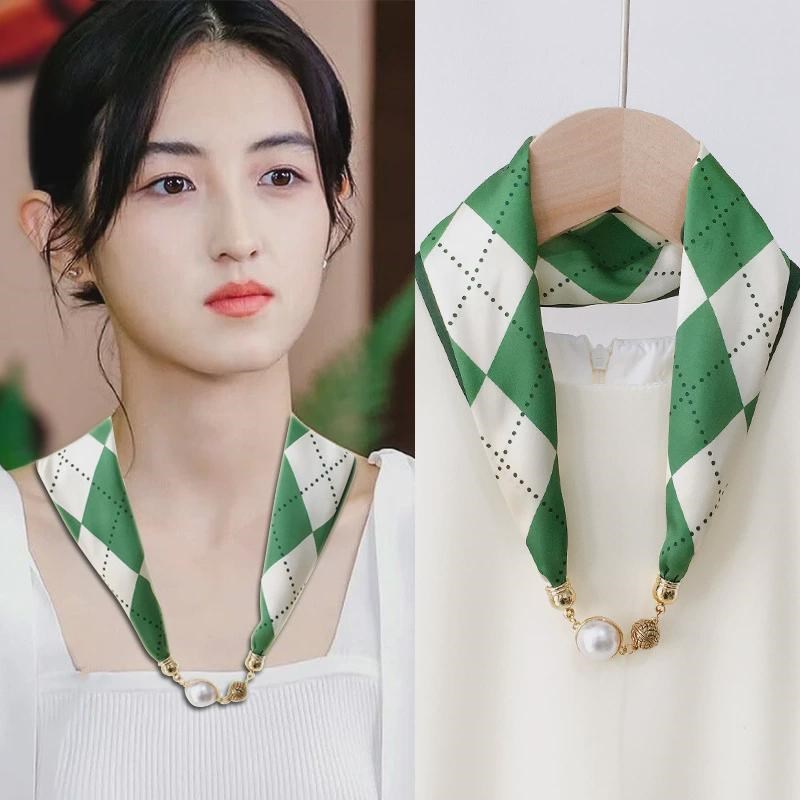 窄薄款护颈磁扣丝巾女夏季遮脖子磁吸扣小长条围巾装饰带春秋新款