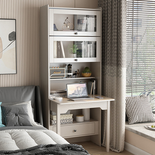 实木折叠书桌书柜一体现代简约卧室电脑桌书架床边转角连体书桌柜
