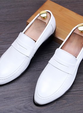 秋款白色皮鞋男透气套脚韩版懒人一脚蹬休闲鞋英伦尖头结婚新郎鞋