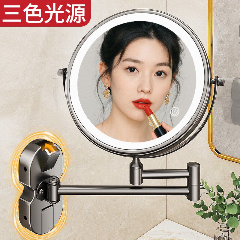 吸盘化妆镜带灯卫生间q浴室免打孔酒店壁挂伸缩放大镜子折叠梳妆