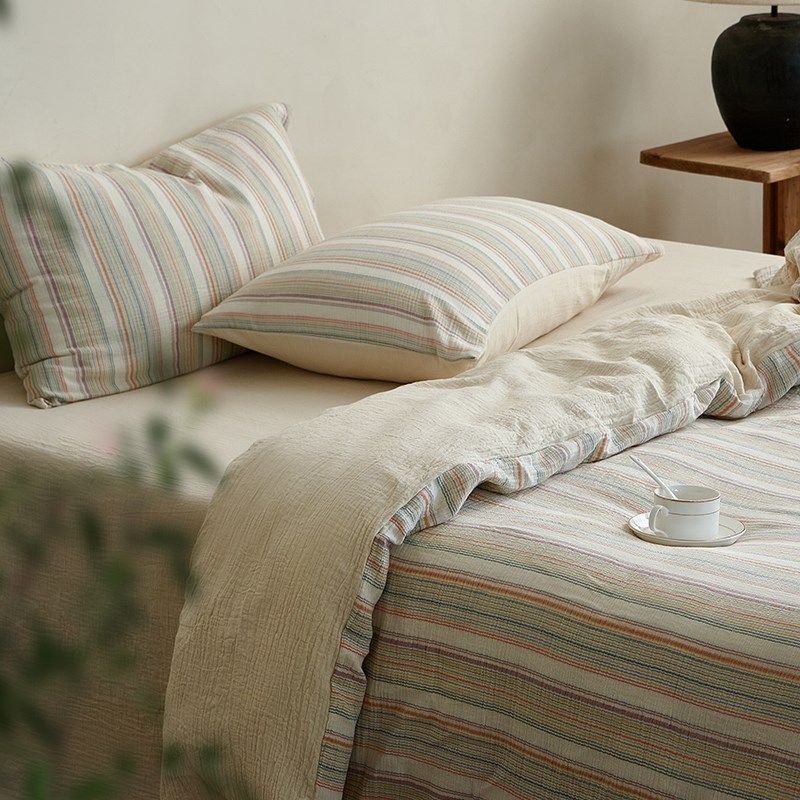 夏季全棉双层纱四件套纯棉色织提花条纹双人被套裸睡床单床上用品,床上用品,床品套件/四件套/多件套,淘宝优惠券,粉丝福利购,淘宝优惠卷