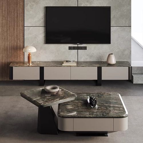 天然铂金钻奢石茶几意式轻奢别墅家用高级感大理石茶几电视柜组合