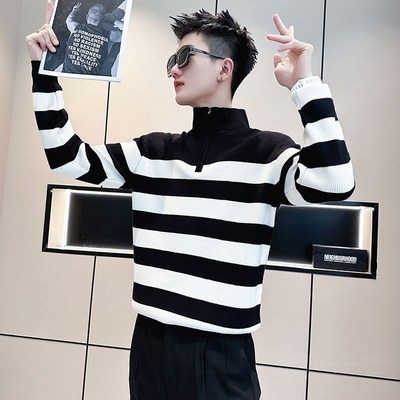 高级感半拉链黑白条纹毛衣男潮牌针织衫2024冬季新款男士立领上衣