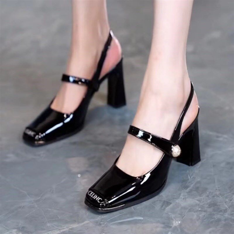 金属方头高跟g凉鞋女外穿2025年夏季新款粗跟漆皮气质百搭后空单