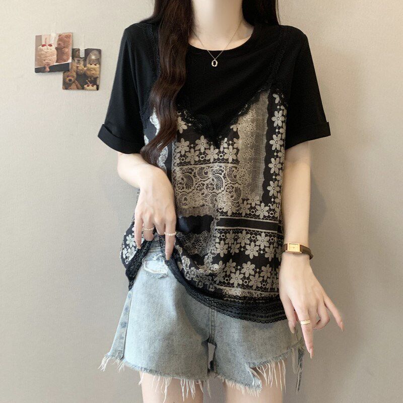 大码胖mm夏季设计感花色拼接正肩短袖打底衫女宽松显瘦假两件上衣