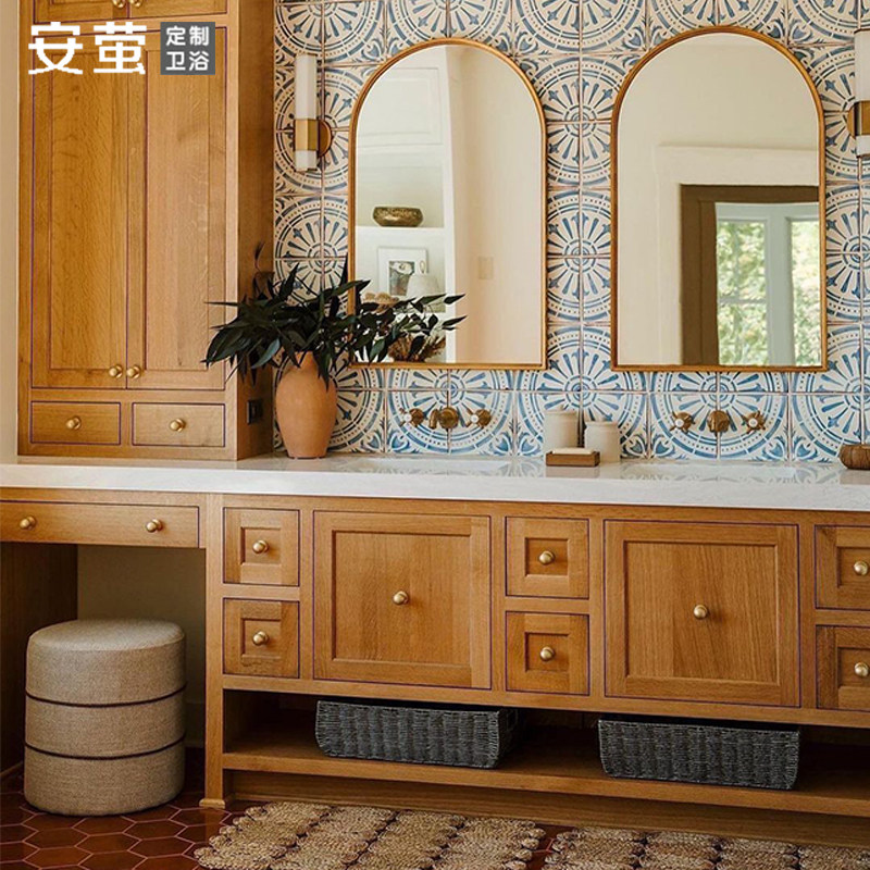 日式梳妆台一体浴室柜复古风实木洗手脸面盆组合卫生间落地洗漱池