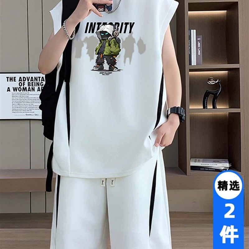 夏季冰丝无袖t恤男孩初中学生新潮背心短裤青少年大儿童运动套装,男装,T恤,淘宝优惠券,粉丝福利购,淘宝优惠卷