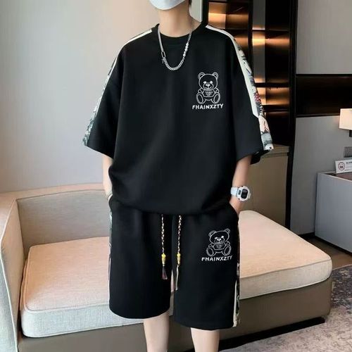 潮牌大码拼接套装男夏装穿搭一整套衣服搭配短袖t恤短裤两件套潮