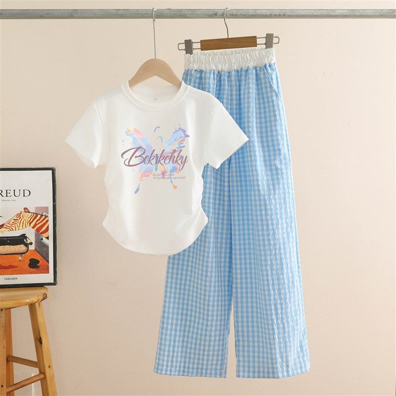 女童装夏套装2025新款休闲儿童短袖短款t恤+格子阔腿裤时髦两件套,童装/婴儿装/亲子装,套装,淘宝优惠券,粉丝福利购,淘宝优惠卷