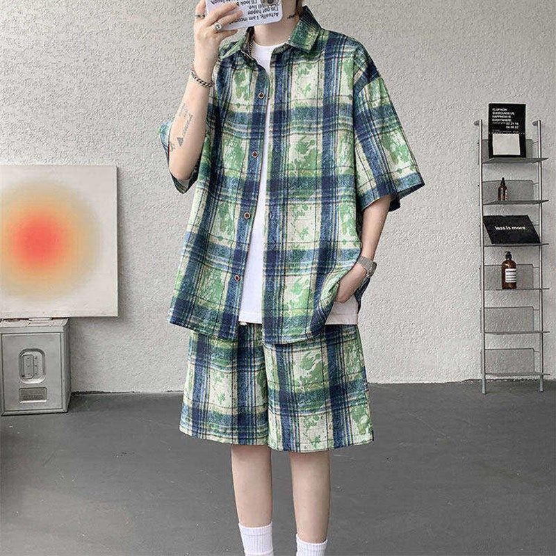 美式扎染高级感衬衫运动休闲 套装男夏季款情侣潮牌短袖短裤