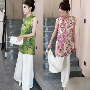 气质套装 上衣显瘦阔腿裤 女2025夏季 国风复古砍袖 两件套 新款 新中式
