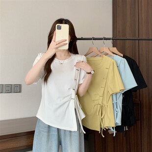 不规则系带正肩短袖 夏装 时尚 女装 T恤设计感遮肚显瘦上衣 胖mm大码