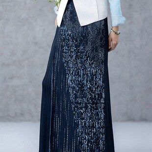 生活在左压褶印花裤子蓝印花纹覆古优雅宽松2025春季新款阔腿裤女