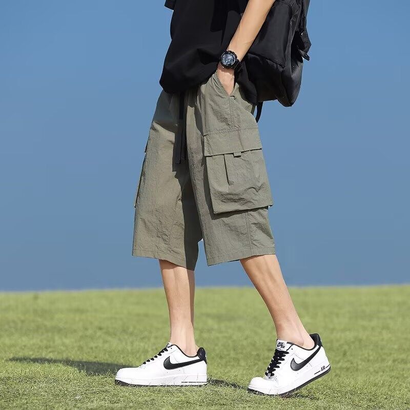 美式工装多口袋七分裤短裤男款夏季冰丝潮流垂感五六分裤宽松马裤图片