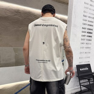 薄款 T恤衫 潮男上衣胸前字母刺绣个性 高街风潮流无袖 胶印砍袖 夏季