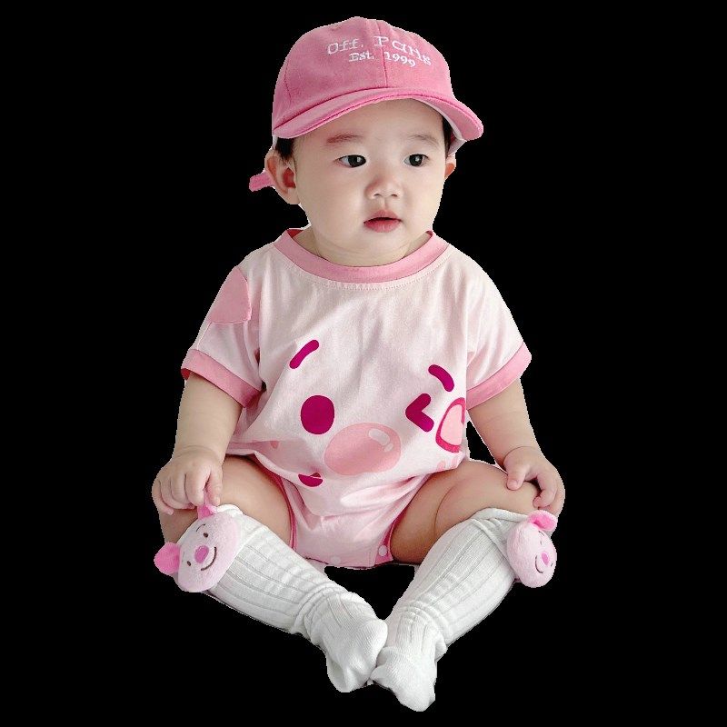 粉色小猪猪可爱卡通三角包屁衣男女宝粉色夏天哈衣爬服造型拍照服