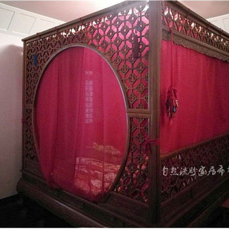 中式明清仿古双月洞床花梨木古典架子床纱M喜庆婚庆结婚蚊帐床幔